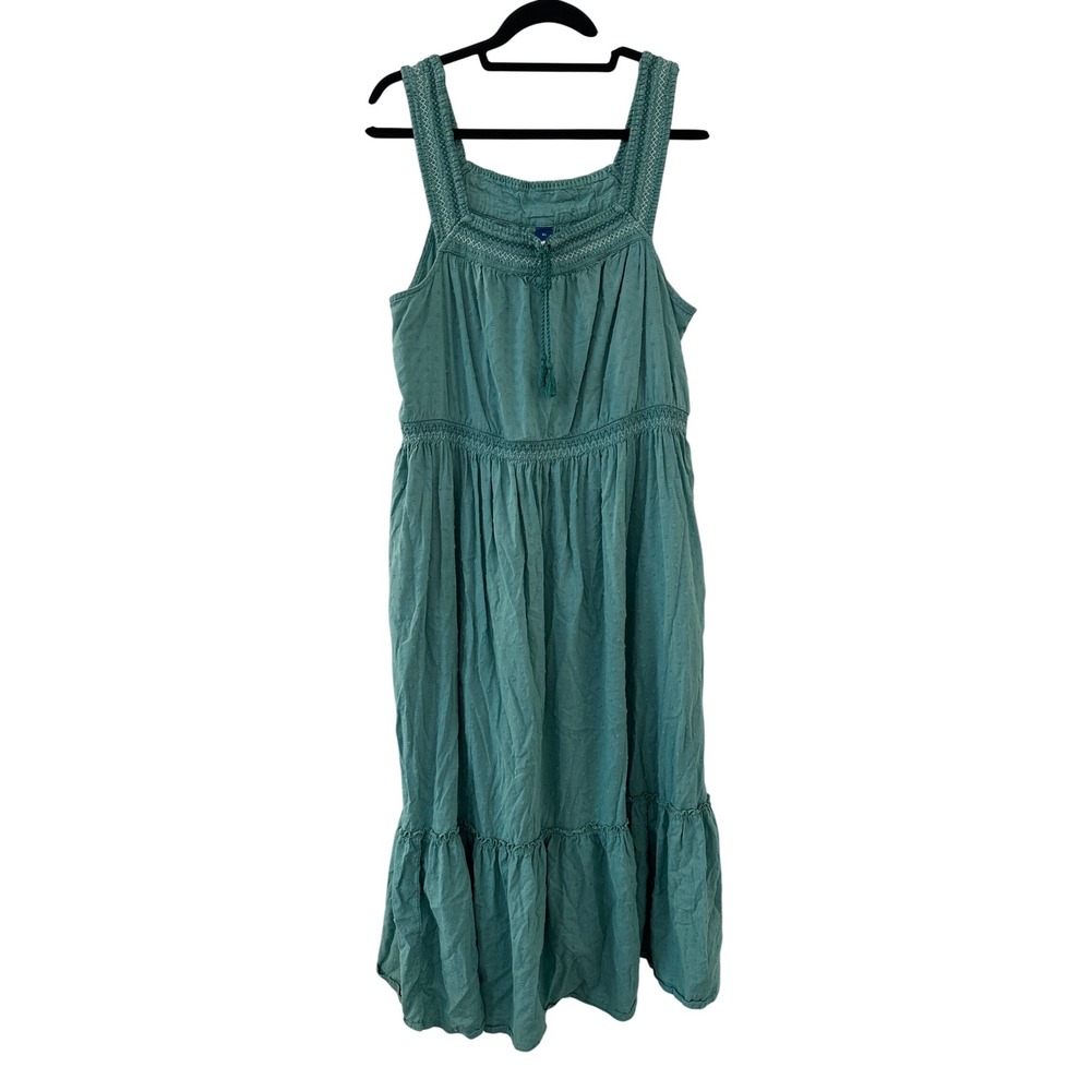 Old Navy Womens XL Green Swiss Dot Smocked Tiered Boho Midi Dress Cottagecore